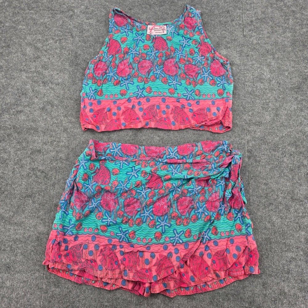Rainbow Jo Maui Hawaii Two Piece Set XL Pink Teal Fish Print Crop Top Shorts